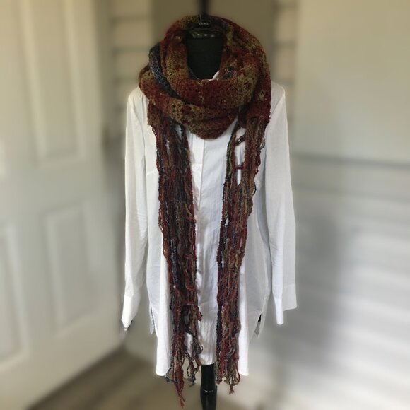 Hand Crocheted Red Tan Purple Pink Blue Boucle Extra Long Net Fringed Scarf - Picture 2 of 15